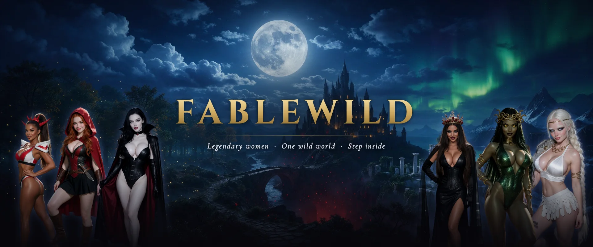 Fablewild — the cast of legends before the castle on the ridge